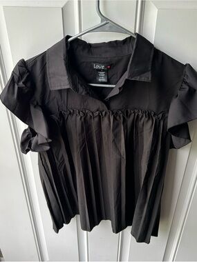 Love Black Pleated Ruffle Sleeve Collared Blouse